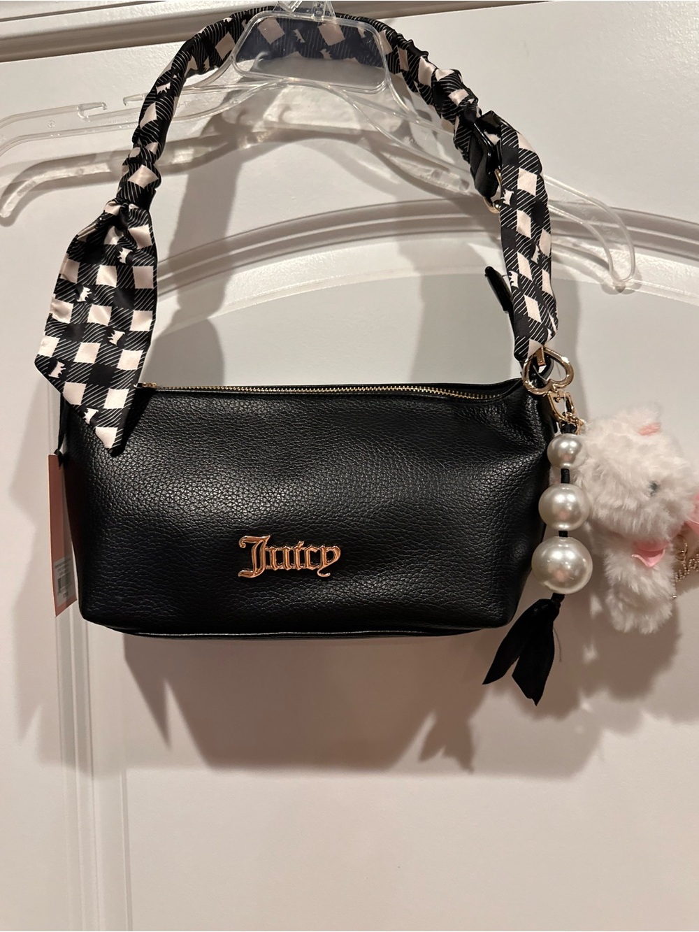 Juicy Couture Black Shoulder Bag with Gold Logo and Pearl Charm